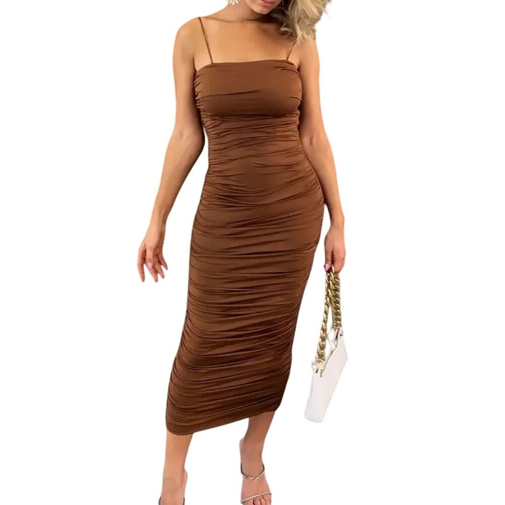 NEW Ruched Bodycon Midi Dress XL Brown Fitted Stretch NWOT